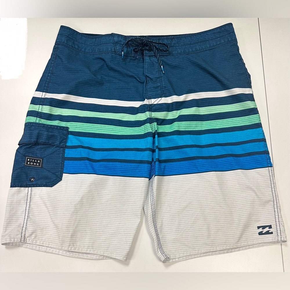 Billabong Men's Originals All Day Blue, Green & White Striped Board Shorts